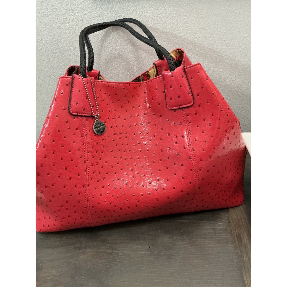 Big Buddha Red Ostrich Leather Tote Bag Handbag Purse Braided Handles